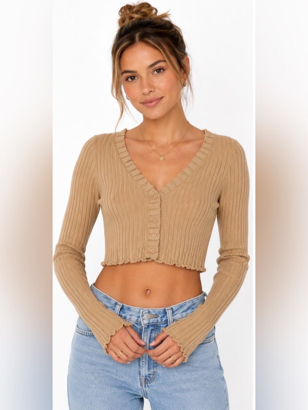 Endless Rose Camel Ribbed Cropped Ruffle Cardigan Sweater NWT XS